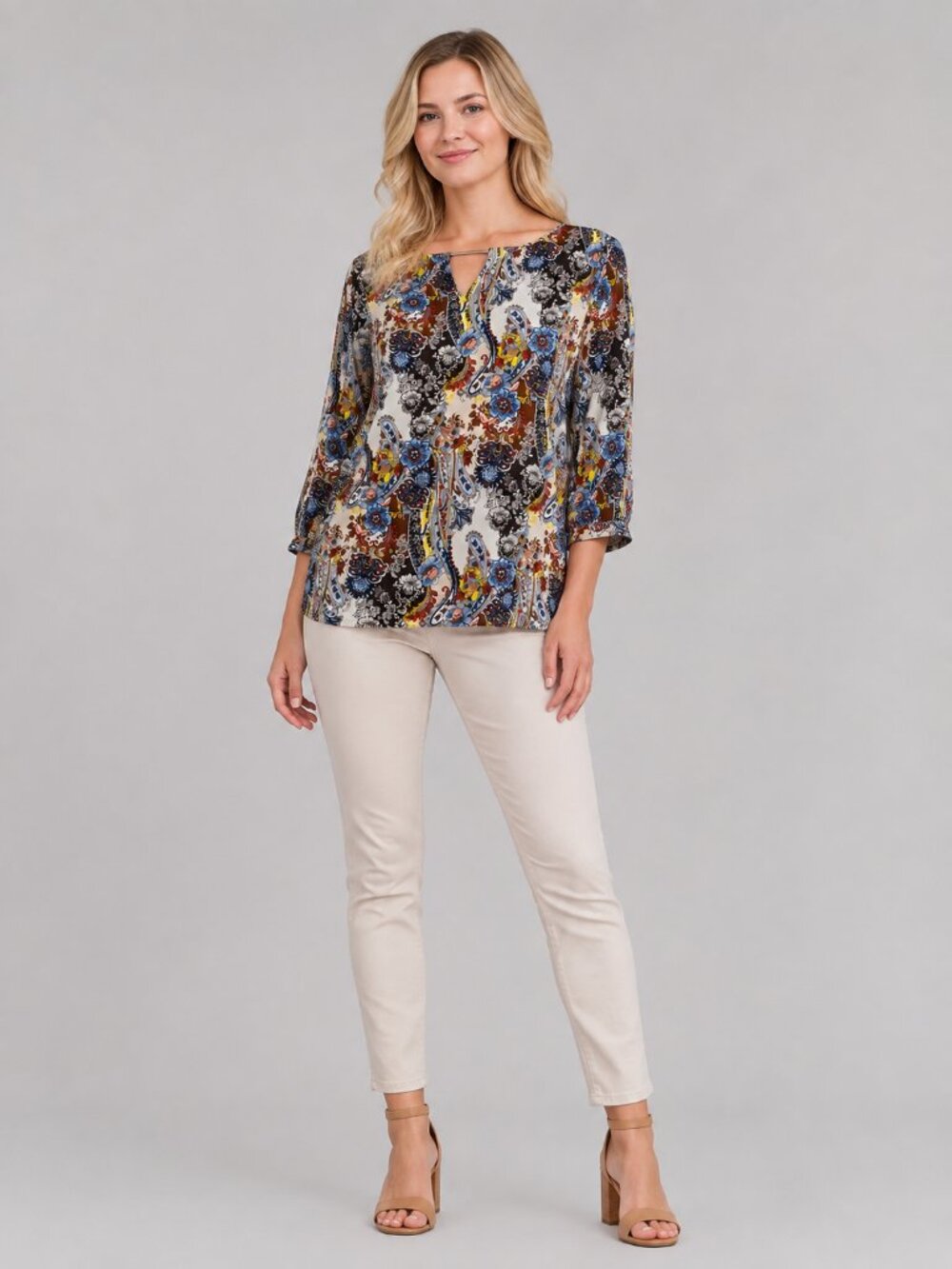 2/$30 Chico's Ella Paisley Keyhole Pullover Tunic Top Cognac 12 #A4194